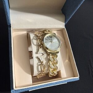 True Religion Gold Tone Women's Watch and Logo Charm Bracelet Set